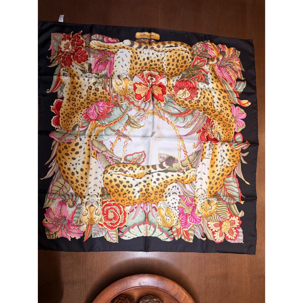Vintage Salvatore Ferragamo Silk Scarf Cheetah Floral Black Border Made in Italy
